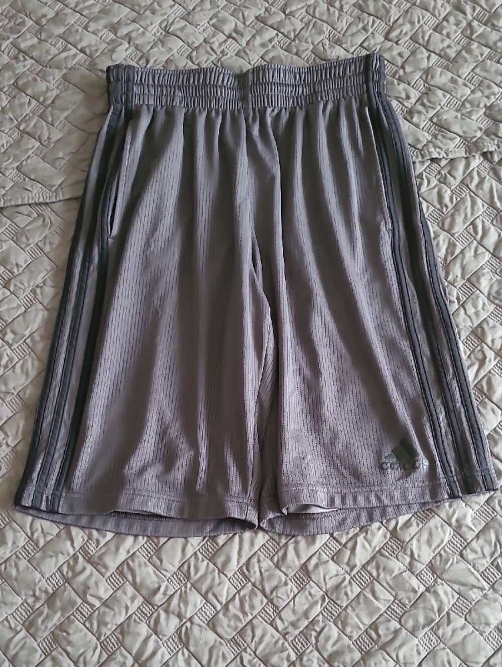 Adidas Gray Mesh Athletic Shorts with Black Stripes